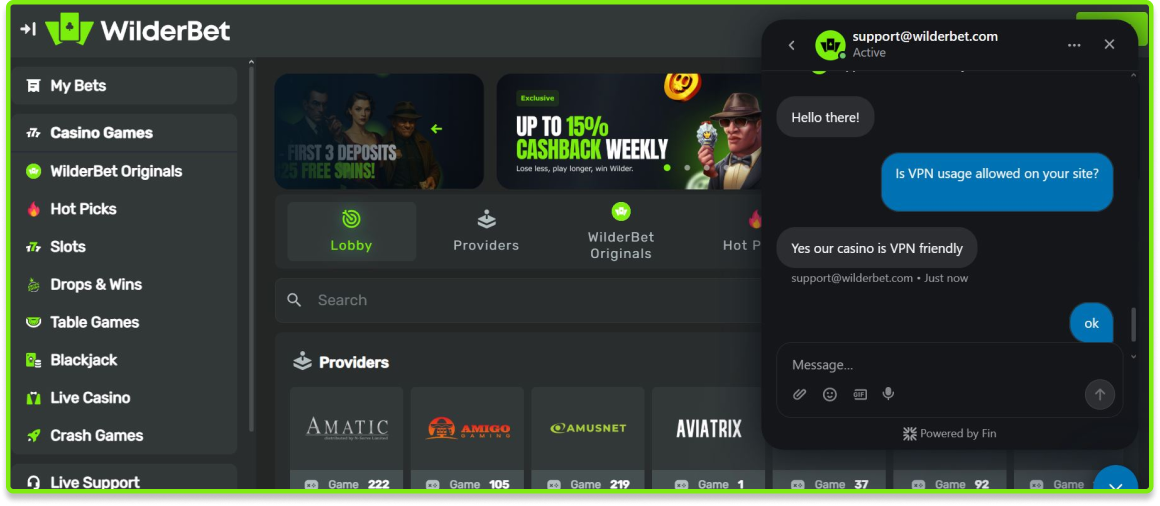 VPN at Wilderbet Casino